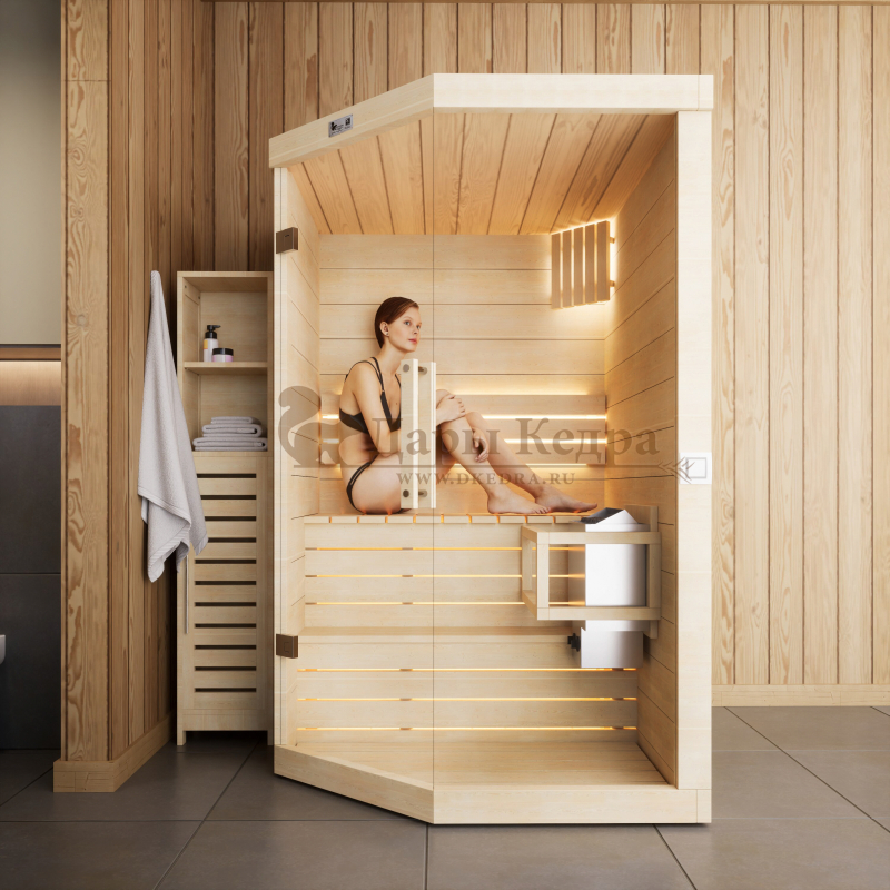 Двухместная угловая финская «Элит» сауна кабина из кедра и липы с электрокаменкой